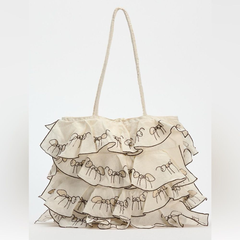 Zara 100% cotton ruffle embroidered fabric bag